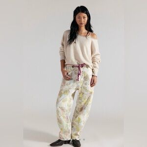NWT We The Free Moxie Printed Flocked Barrel Jeans~ Ivory Combo Floral Flock